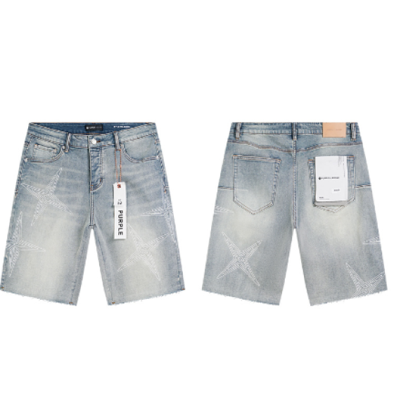 Light Blue Washed Denim Shorts with Rhinestone Star Pattern and Raw Hem